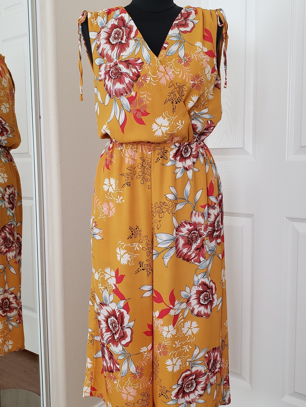 Mustard Floral Midi Jumpsuit with Tie Straps